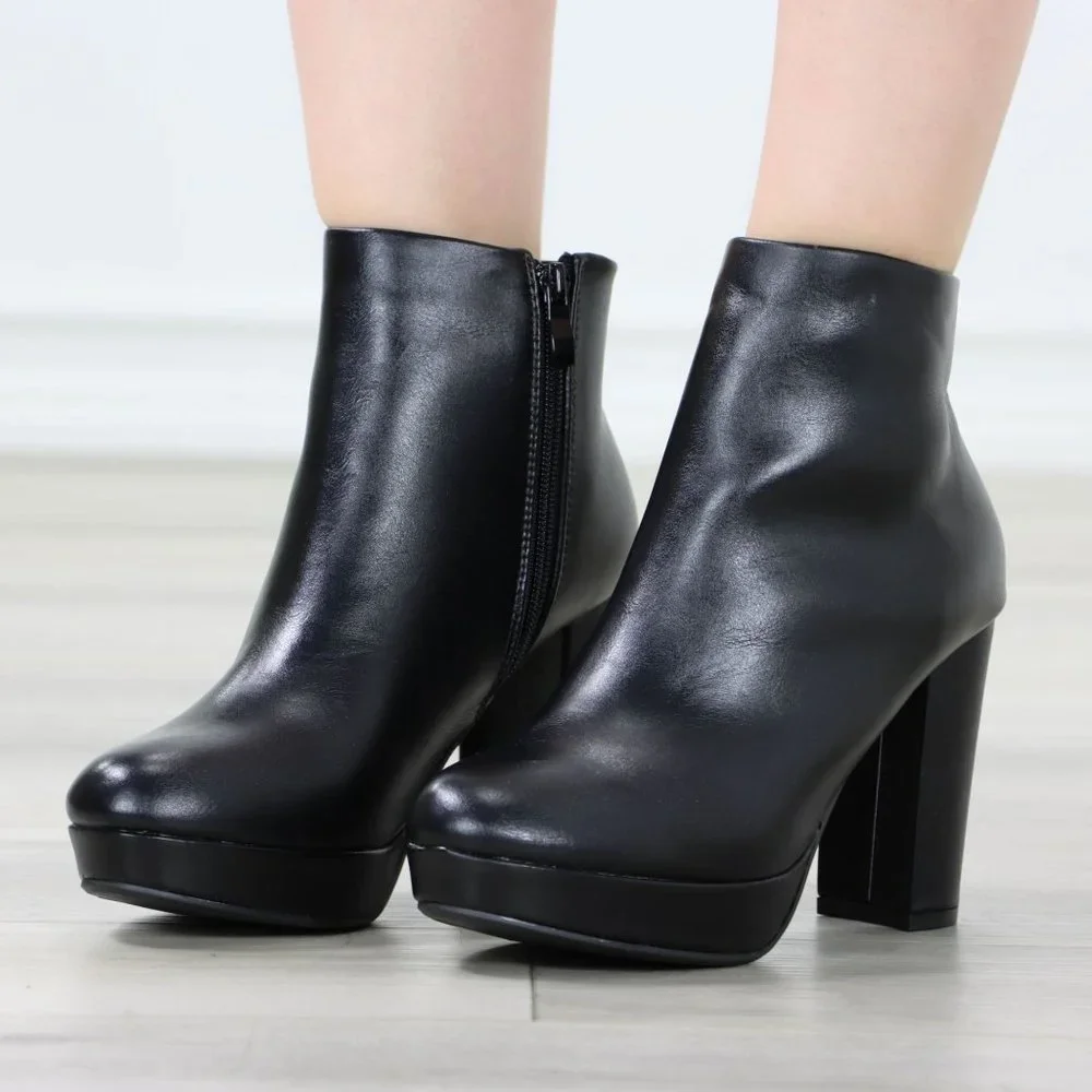 Womens Chunky Platform High Heeled Bootie Zip Up Black Ankle Boots Block Heel - Picture 5 of 15